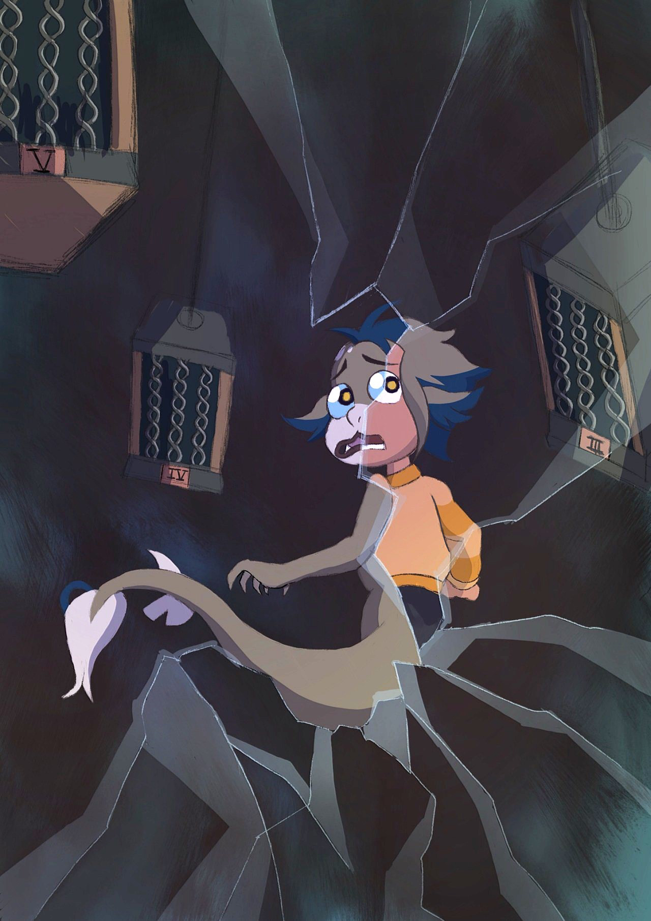 Digital art. Vee shown in both her basilisk and human forms, turning around to look behind her vigilantly. The image is fragmented with broken glass patterns halfway across, and her two forms are interweaved across the fragments. Three cages float in the background, marked V, IV, and III.